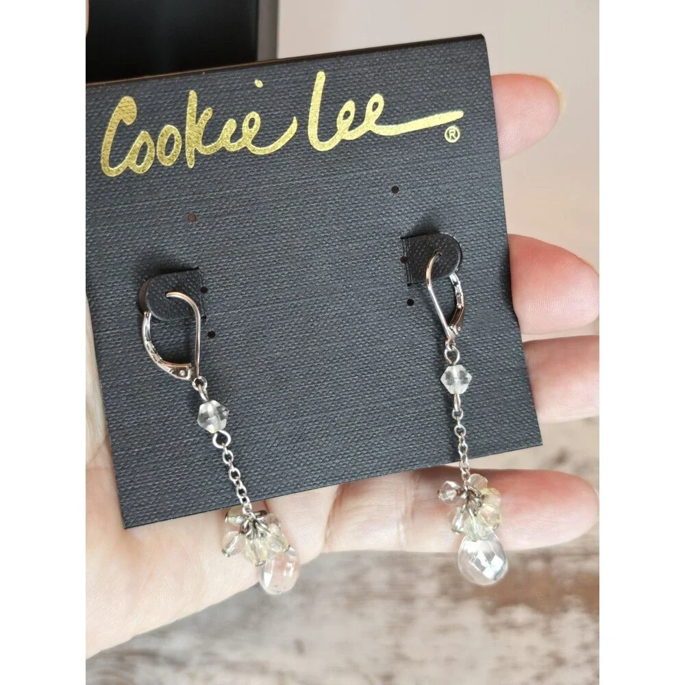 Cookie Lee Crystal Dangle Earrings Clear AB Bead Drop Silver Tone Jewelry #354